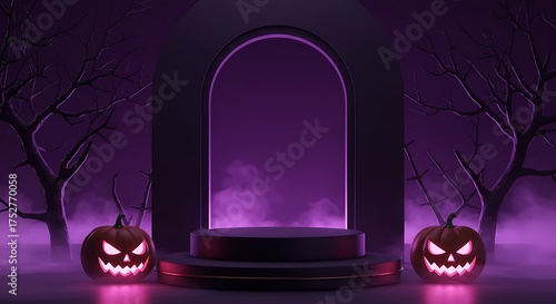 Haunted Halloween Night Scene Spooky Archway, Podium, and Glowing Pumpkins