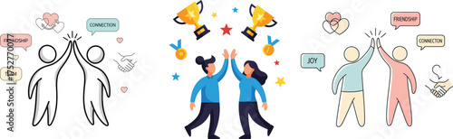 vector illustration set visually represents concepts of team success, friendship, and connection through dynamic high-five gestures and celebratory imagery. 