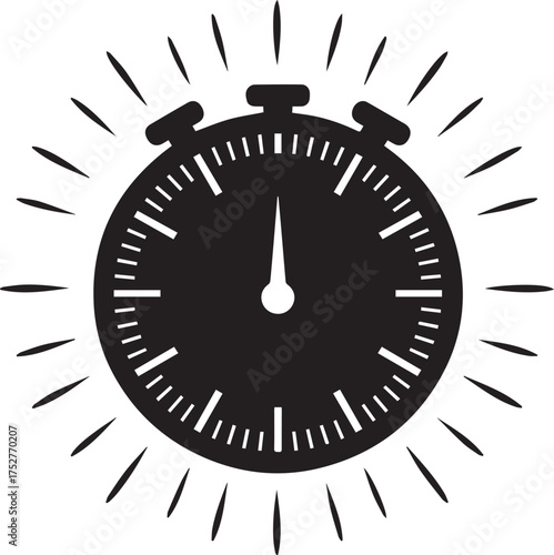 Classic stopwatch timekeeping device measuring elapsed seconds and minutes with radiating lines emphasizing speed and urgency vector