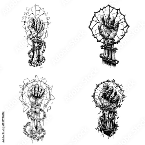 Black and white gothic hand illustration wrapped in thorns and barbed patterns. Perfect for tattoo design, horror artwork, dark fantasy concept, and occult graphic decoration.