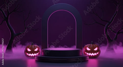 Halloween Podium with Pumpkins and Spooky Atmosphere