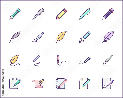 Simple Set of pen Related Vector Line Icons. Vector collection of pencil and quill pen, marker pen, stationery, writing, literature, pen nib symbols or logo elements in thin outline.