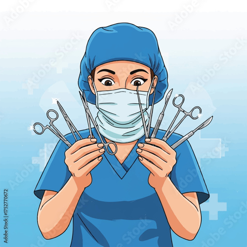A medical nurse works with surgical tools in a procedure.