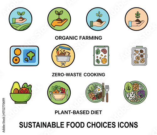  Sustainable Food Choices Flat Vector Icons – World Food Day, Eco-Friendly, Organic Farming