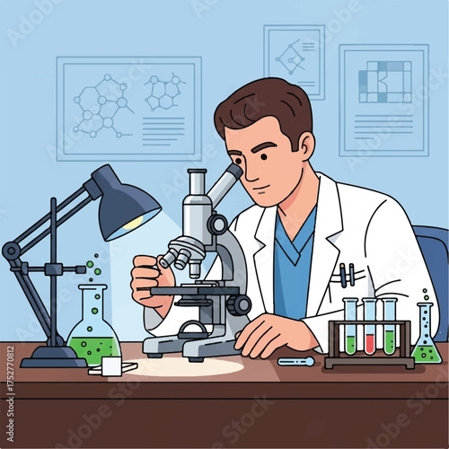 A medical scientist studies microorganisms using a microscope.