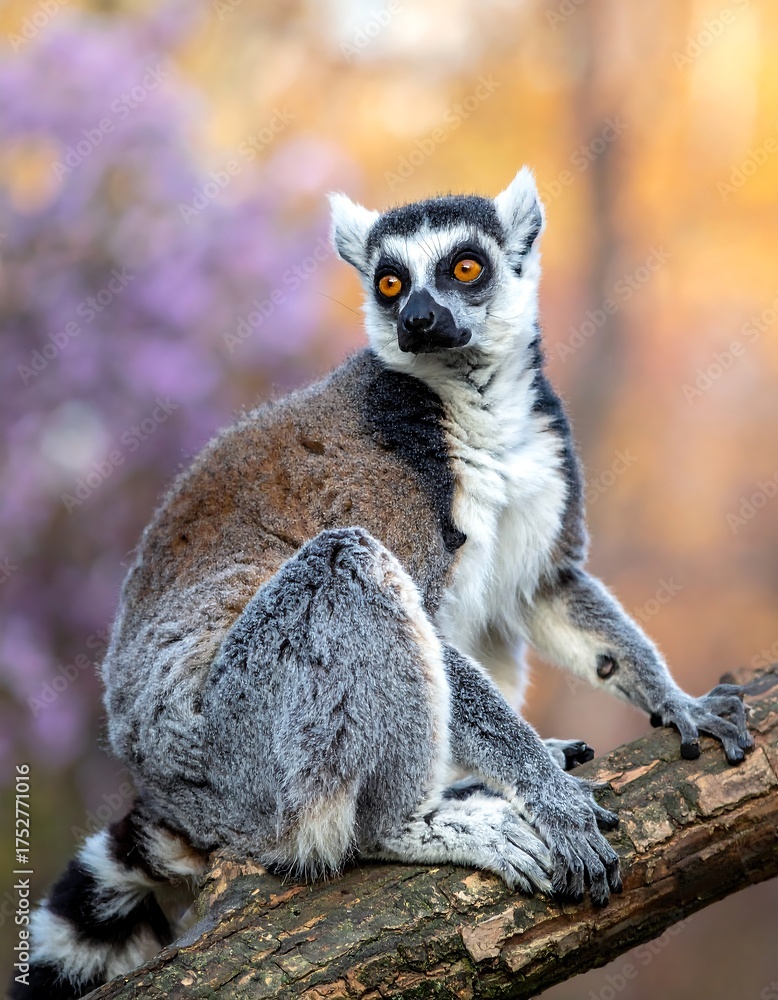 Naklejka premium A ring-tailed lemur sits on a branch, alert, with an eye-catching focus, vibrant colors