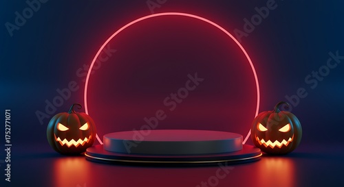 Spooky Halloween Stage with Pumpkins and Neon Circle