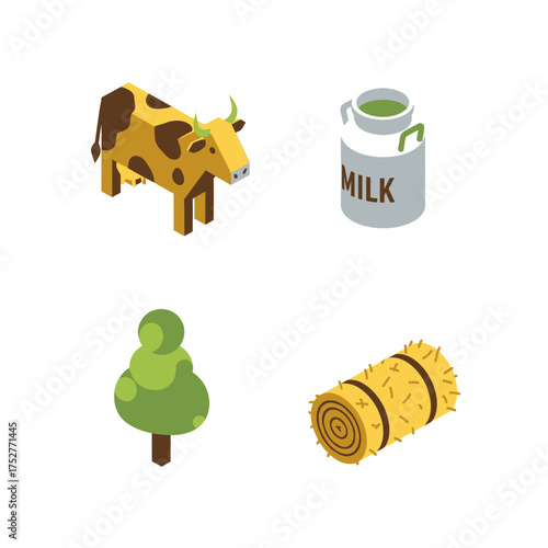 Isometric Farm Elements - Cow, Milk Can, Tree, and Hay Bale.