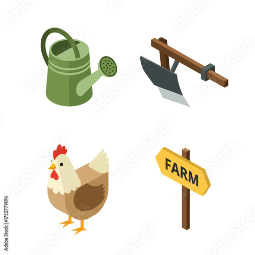 Isometric Farm Elements - Watering Can, Plow, Chicken, and Farm Sign.