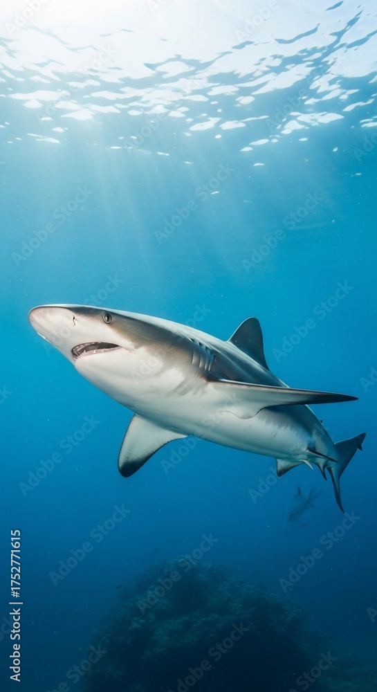 Fototapeta premium Majestic Mako Shark Swimming in the Deep Blue Ocean.