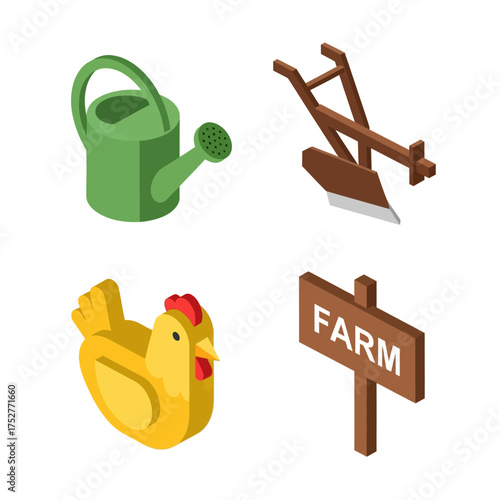 Set of Farm Icons Including Chicken Watering Can Plow and Sign.