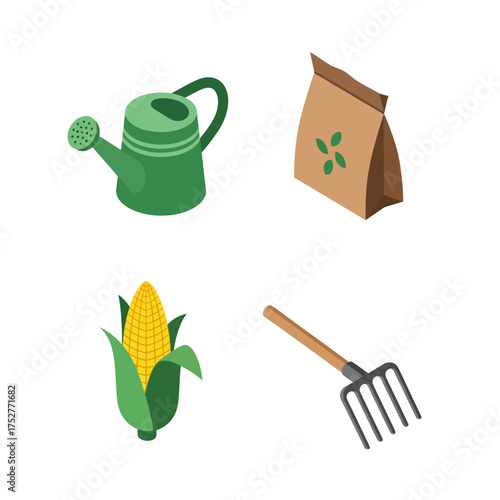 Gardening tools and corn on the cob for agricultural purposes.