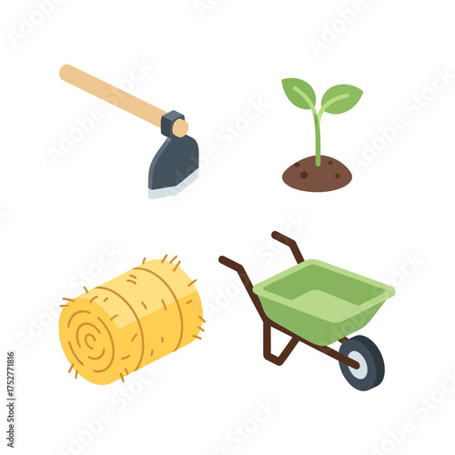 Agricultural tools and elements for farming and gardening activities.