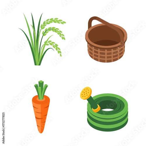Farm harvest scene featuring rice plants, a basket, a carrot, and a hose.