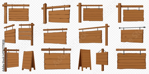 Collection of wooden signs in various styles and orientations, suitable for rustic or vintage designs.