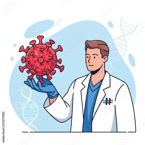 A doctor grips a virus sample while analyzing it closely.
