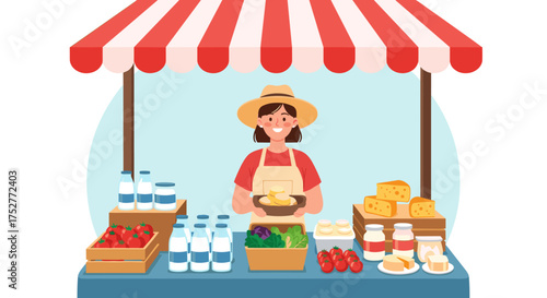 A friendly farmer sells fresh produce and dairy products at a bustling outdoor market stall.