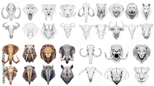 Animal head line art collection featuring lion, bear, elephant, rhino, and buffalo in realistic and sketch styles. Perfect for tattoo design, wildlife illustration, and animal concept art.