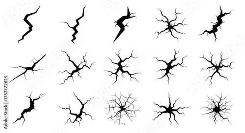 Collection of various crack patterns with different origins and shapes on a white background.