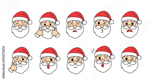 A collection of adorable santa claus faces showing various cheerful and funny expressions for the holiday season.