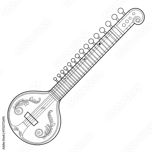 Beautiful Sitar Illustration Vector Line Art Coloring Page
