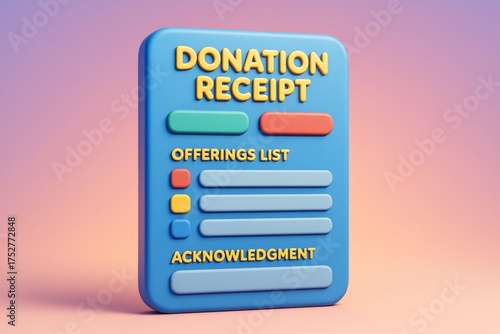 Colorful donation receipt form with offerings list and acknowledgment section on a soft gradient background, 3D cartoon style concept image. Ai generative