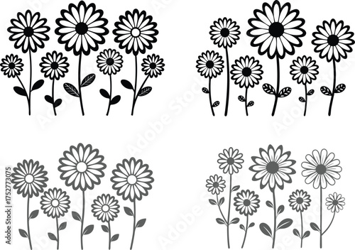 Stylized Floral Collection Featuring Four Different Flower Arrangements in Black and Gray.