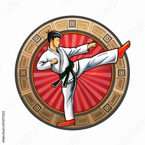 Karate Practitioner Performing High Kick in Emblem Design.