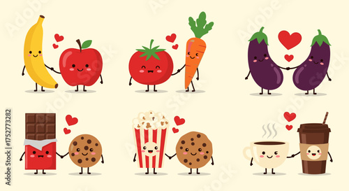 Cute cartoon couples of fruits vegetables and snacks in love.