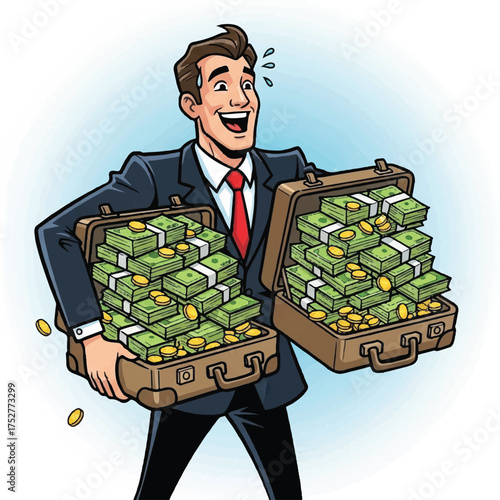 A man in a suit carries two suitcases overflowing with cash.