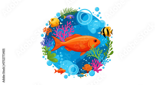 An underwater scene showcasing a vibrant coral reef ecosystem teeming with diverse aquatic life in brilliant colors.
