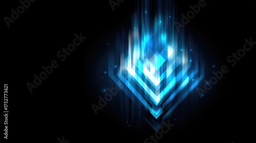 Bright blue abstract geometric shapes ascend against a dark background.