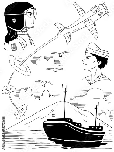 Hand-drawn doodle of pilot, sailor, airplane, and ship scene