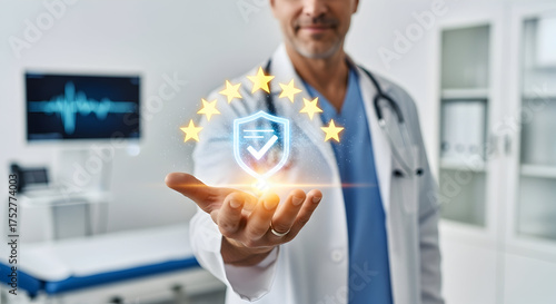 Trustworthy doctor offering quality healthcare assurance with digital shield