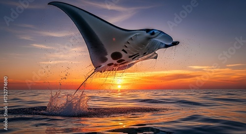 Manta Ray Leaping from Ocean at Sunset.
