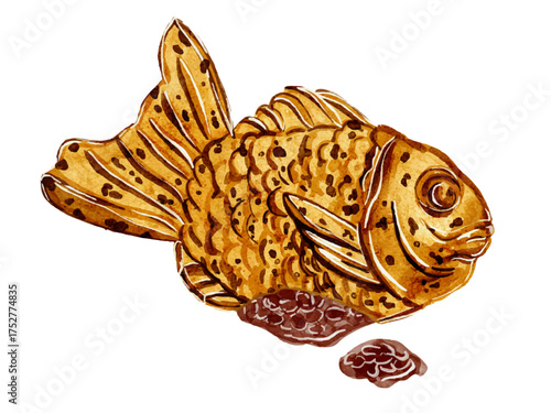 水彩で描いた日本の甘味のたい焼きのあんこのイラスト素材のセット