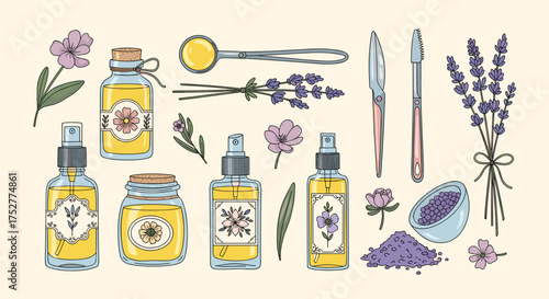 An assortment of aromatherapy and spa treatment items including essential oils herbal remedies and beauty tools.
