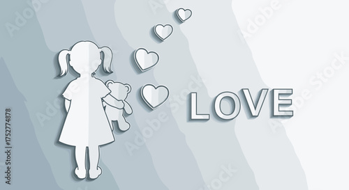 A little girl holding a teddy bear with hearts floating upwards and the word love.