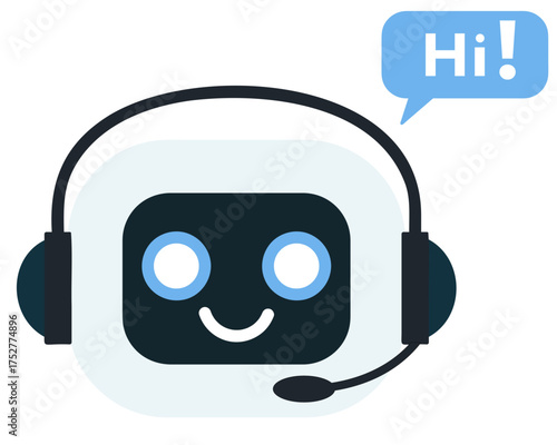 Friendly chatbot face with smiling expression isolated on transparent background. Ideal for customer service, tech support, help desk, AI assistant and communication concepts.