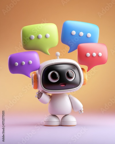 Cute 3D Robot Chatting with Colorful Speech Bubbles AI Communication Concept.