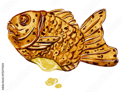 水彩で描いた日本の甘味のたい焼きクリームのイラスト素材のセット
