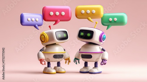 3D Cute Robots Chatting with Colorful Speech Bubbles.