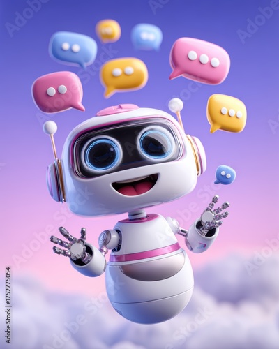 Cute 3D AI Robot Chatting with Colorful Speech Bubbles Friendly Futuristic Assistant.