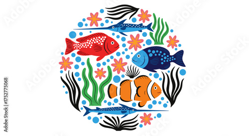 A whimsical circular illustration featuring a vibrant underwater scene with colorful aquatic life and plants.