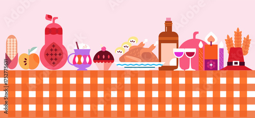 Happy Thanksgi  Day background - template Greeting card with decorations of leaves, pumpkins, sunflower, berry, family dinner of nature.Vector flat icon illustration