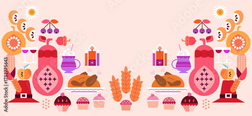 Happy Thanksgi  Day background - template Greeting card with decorations of leaves, pumpkins, sunflower, berry, family dinner of nature.Vector flat icon illustration