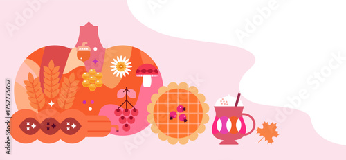 Happy Thanksgi  Day background - template Greeting card with decorations of leaves, pumpkins, sunflower, berry, family dinner of nature.Vector flat icon illustration