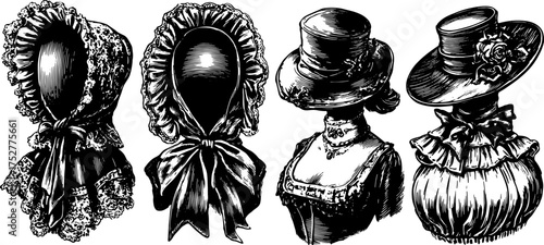 Vintage hats and bonnets displayed in a decorative silhouette style. Elegant vector illustration in line drawing, presented as a set.