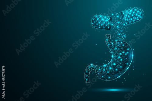 Human stomach organ with open capsule, pill and drug in abstract 3D low poly design. Wireframe geometric style. Concept gastric care, cancer, pain, science, and technology. Vector illustration.