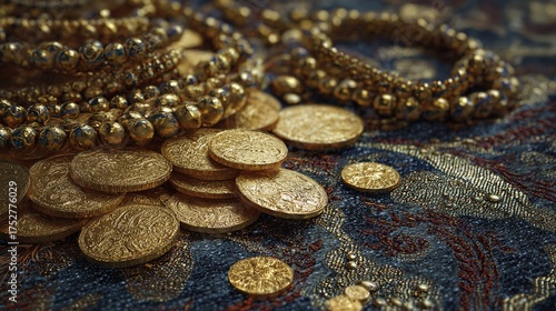 Pile of ancient gold coins and jewelry on patterned fabric, showcasing wealth and historical artifacts